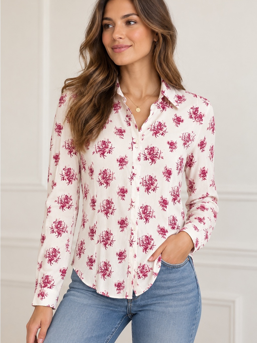Wilfred Aritzia Pink Floral Tencel Button-Up Shirt Long Sleeve Size L